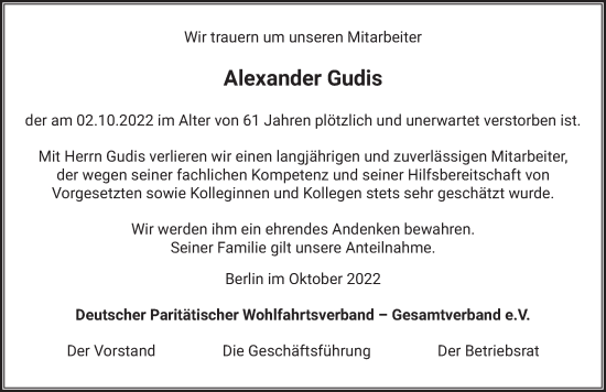 Traueranzeige von Alexander Gudis von Berliner Zeitung