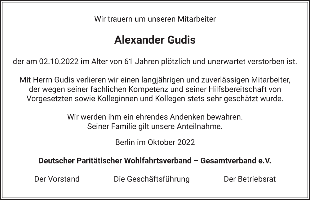  Traueranzeige für Alexander Gudis vom 08.10.2022 aus Berliner Zeitung