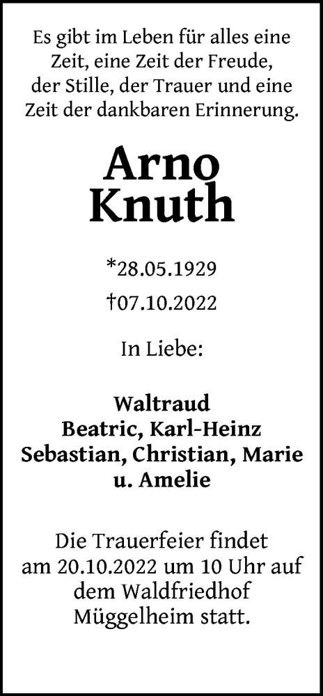  Traueranzeige für Arno Knuth vom 15.10.2022 aus Berliner Zeitung