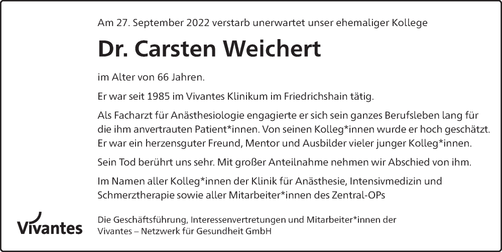 Traueranzeige für Carsten Weichert vom 15.10.2022 aus Berliner Zeitung