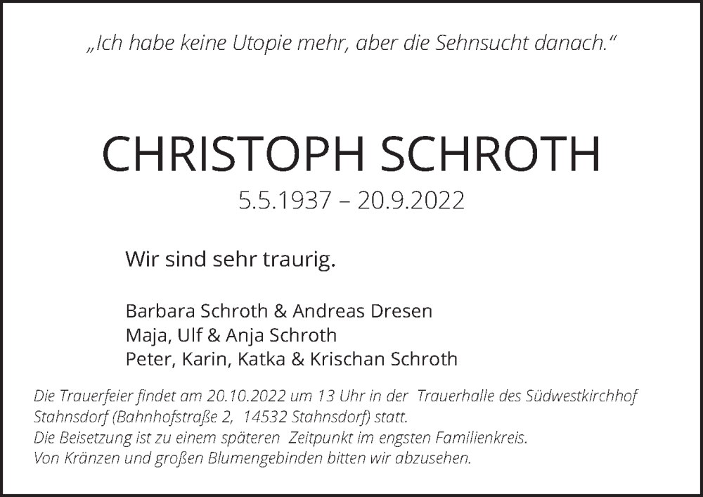  Traueranzeige für Christoph Schroth vom 07.10.2022 aus Berliner Zeitung