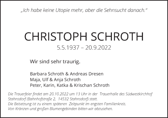 Traueranzeige von Christoph Schroth von Berliner Zeitung