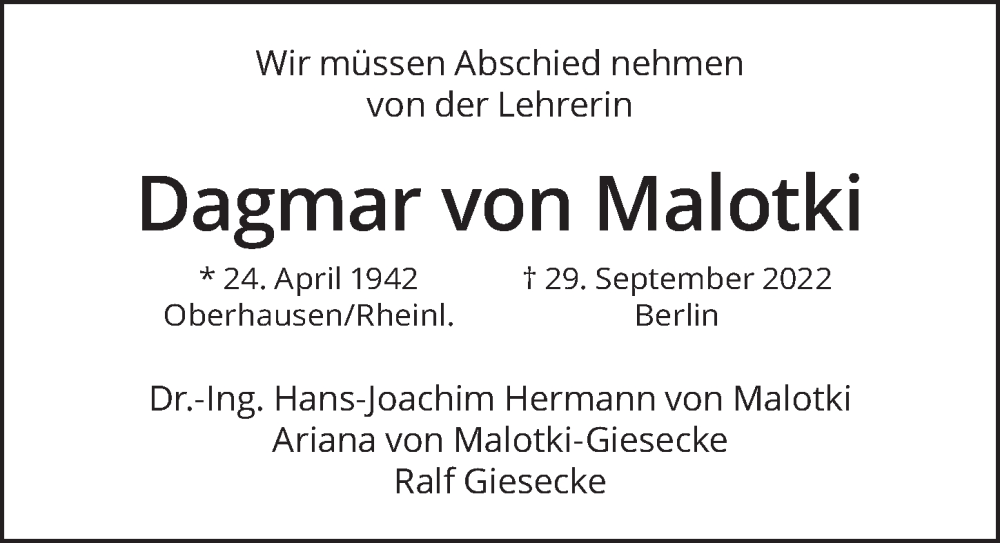  Traueranzeige für Dagmar von Malotki vom 28.10.2022 aus Berliner Zeitung