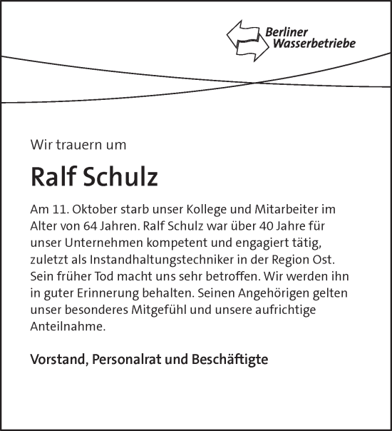 Traueranzeige von Ralf Schulz von Berliner Zeitung