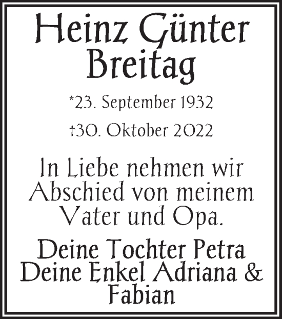 Traueranzeige von Heinz Günter Breitag von Berliner Zeitung