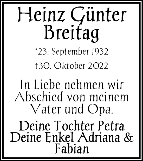 Traueranzeige von Heinz Günter Breitag von Berliner Kurier