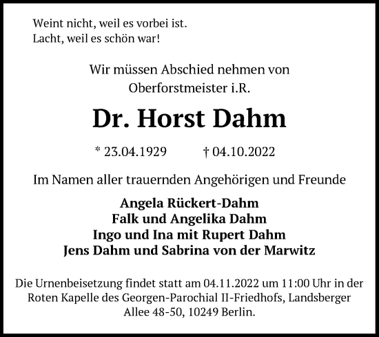 Traueranzeige von Horst Dahm von Berliner Zeitung