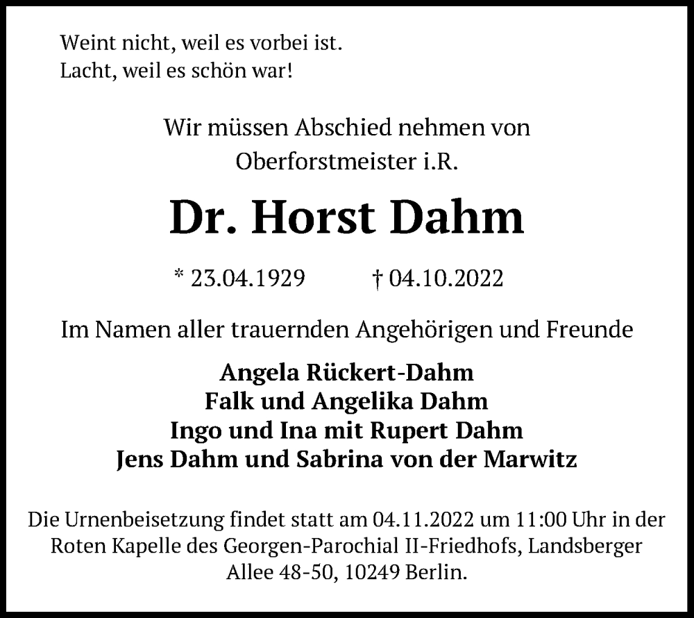  Traueranzeige für Horst Dahm vom 15.10.2022 aus Berliner Zeitung