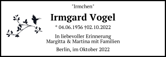 Traueranzeige von Irmgard Vogel von Berliner Zeitung