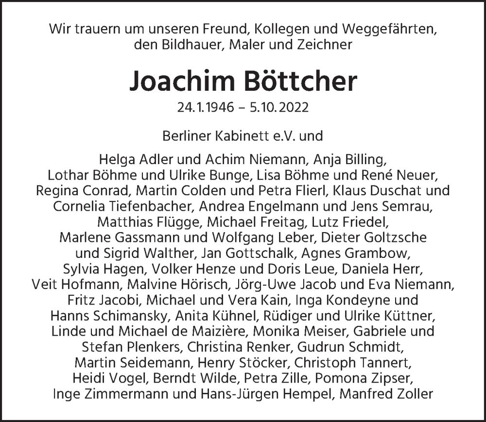  Traueranzeige für Joachim Böttcher vom 28.10.2022 aus Berliner Zeitung