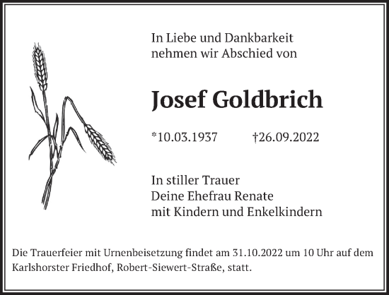 Traueranzeige von Josef Goldbrich von Berliner Zeitung