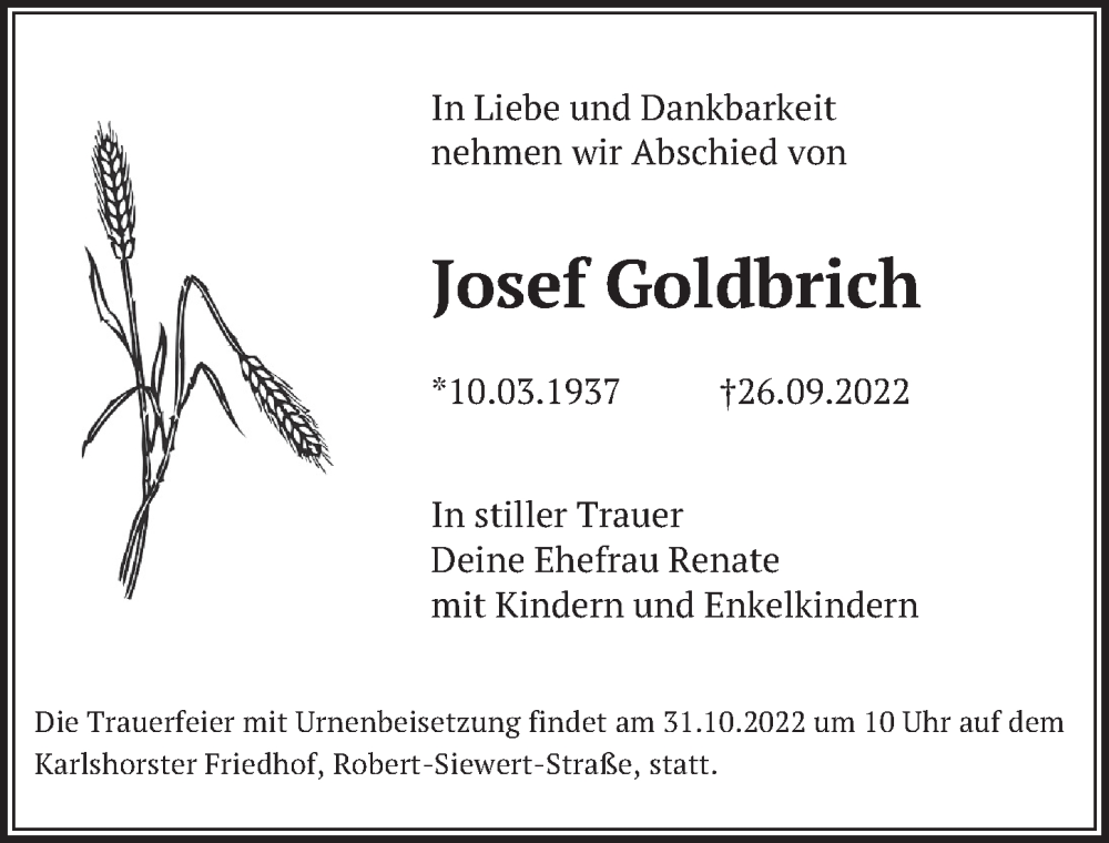  Traueranzeige für Josef Goldbrich vom 29.10.2022 aus Berliner Zeitung