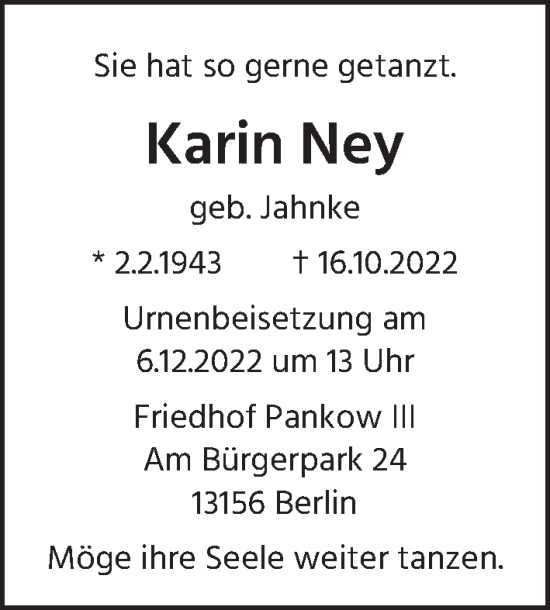 Traueranzeige von Karin Ney von Berliner Zeitung