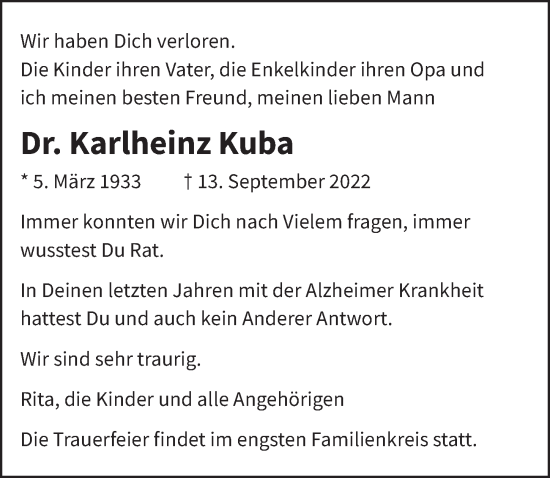 Traueranzeige von Karlheinz Kuba von Berliner Zeitung