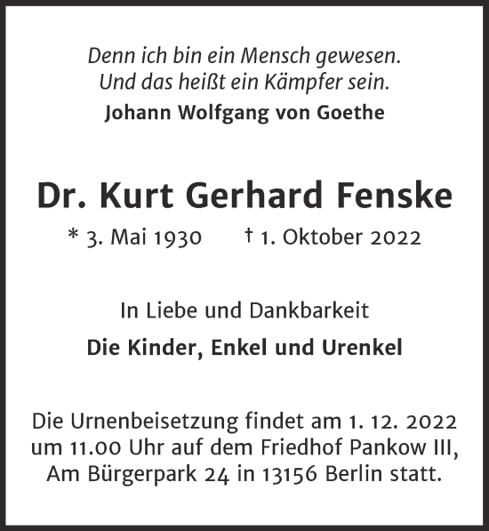 Traueranzeige von Kurt Gerhard Fenske von Berliner Zeitung