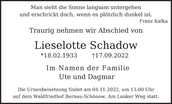 Traueranzeige von Lieselotte Schadow von Berliner Zeitung