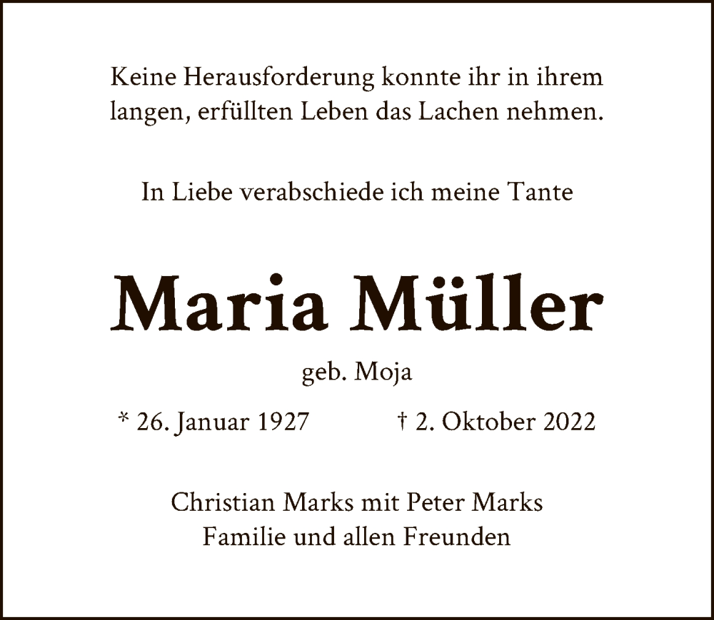  Traueranzeige für Maria Müller vom 22.10.2022 aus Berliner Zeitung