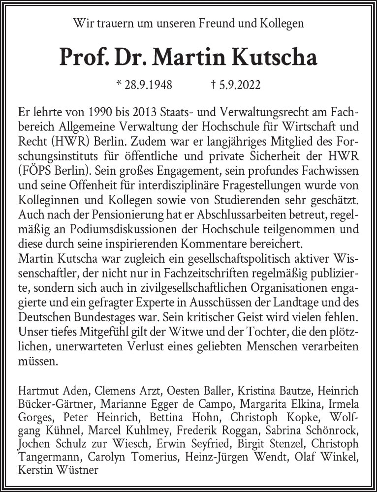  Traueranzeige für Martin Kutscha vom 15.10.2022 aus Berliner Zeitung
