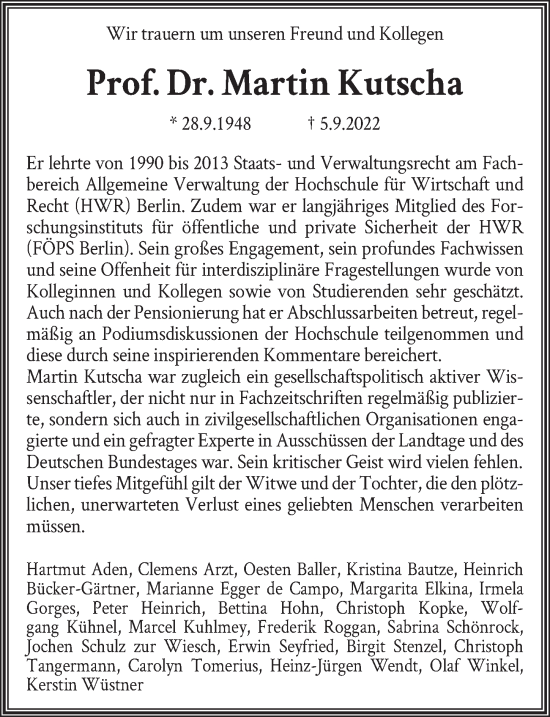 Traueranzeige von Martin Kutscha von Berliner Zeitung