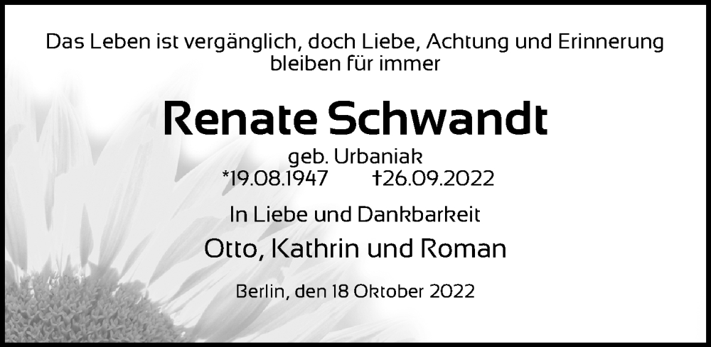  Traueranzeige für Renate Schwandt vom 22.10.2022 aus Berliner Zeitung