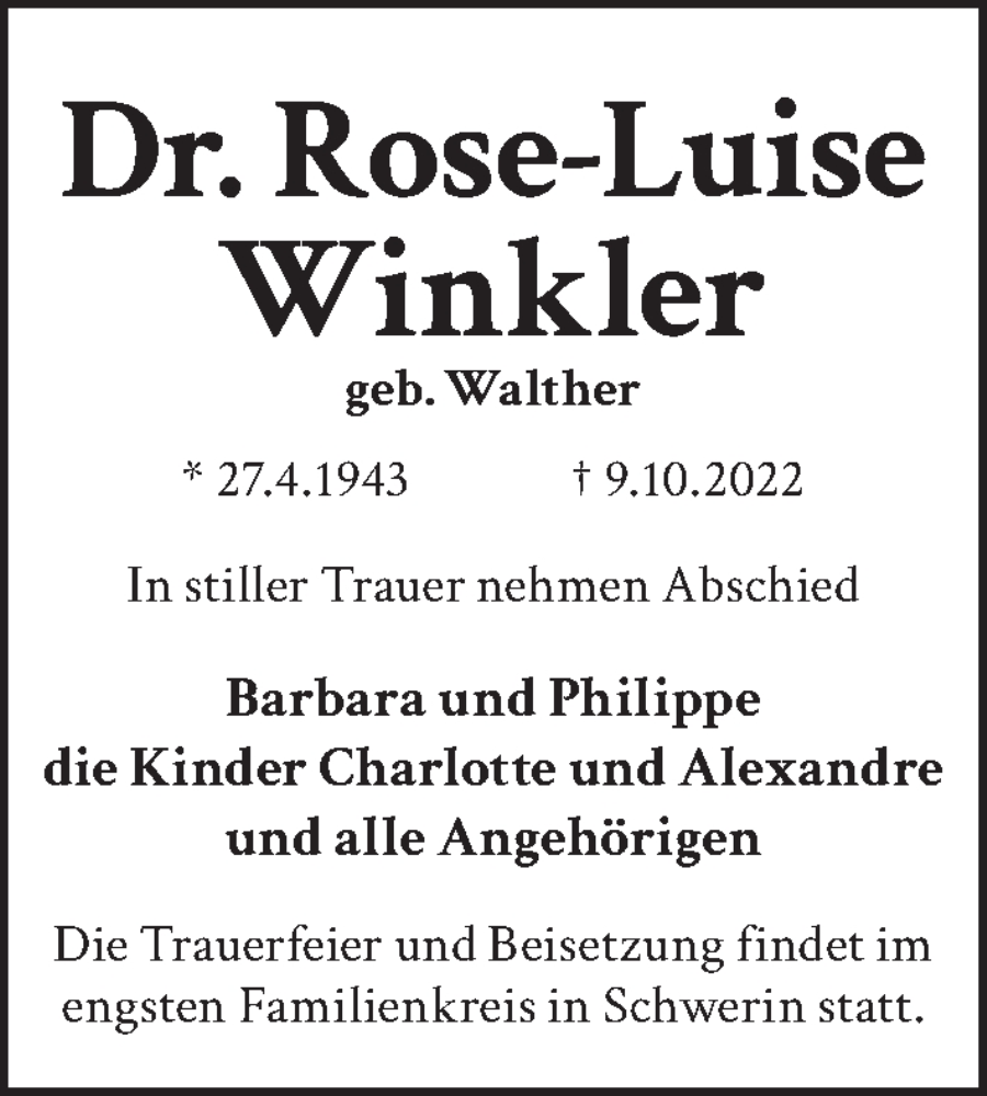  Traueranzeige für Rose-Luise Winkler vom 22.10.2022 aus Berliner Zeitung