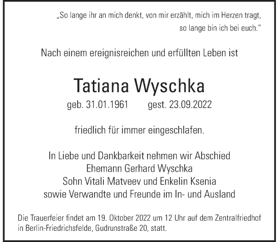 Traueranzeige von Tatiana Wyschka von Berliner Zeitung