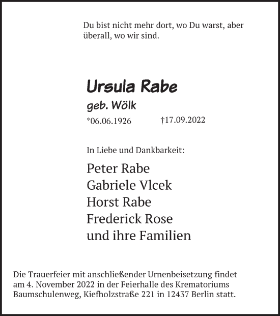 Traueranzeige von Ursula Rabe von Berliner Kurier