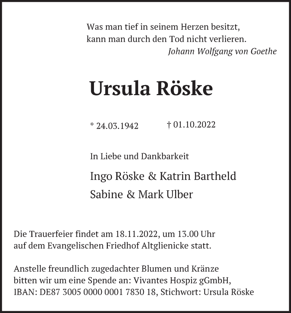  Traueranzeige für Ursula Röske vom 29.10.2022 aus Berliner Zeitung