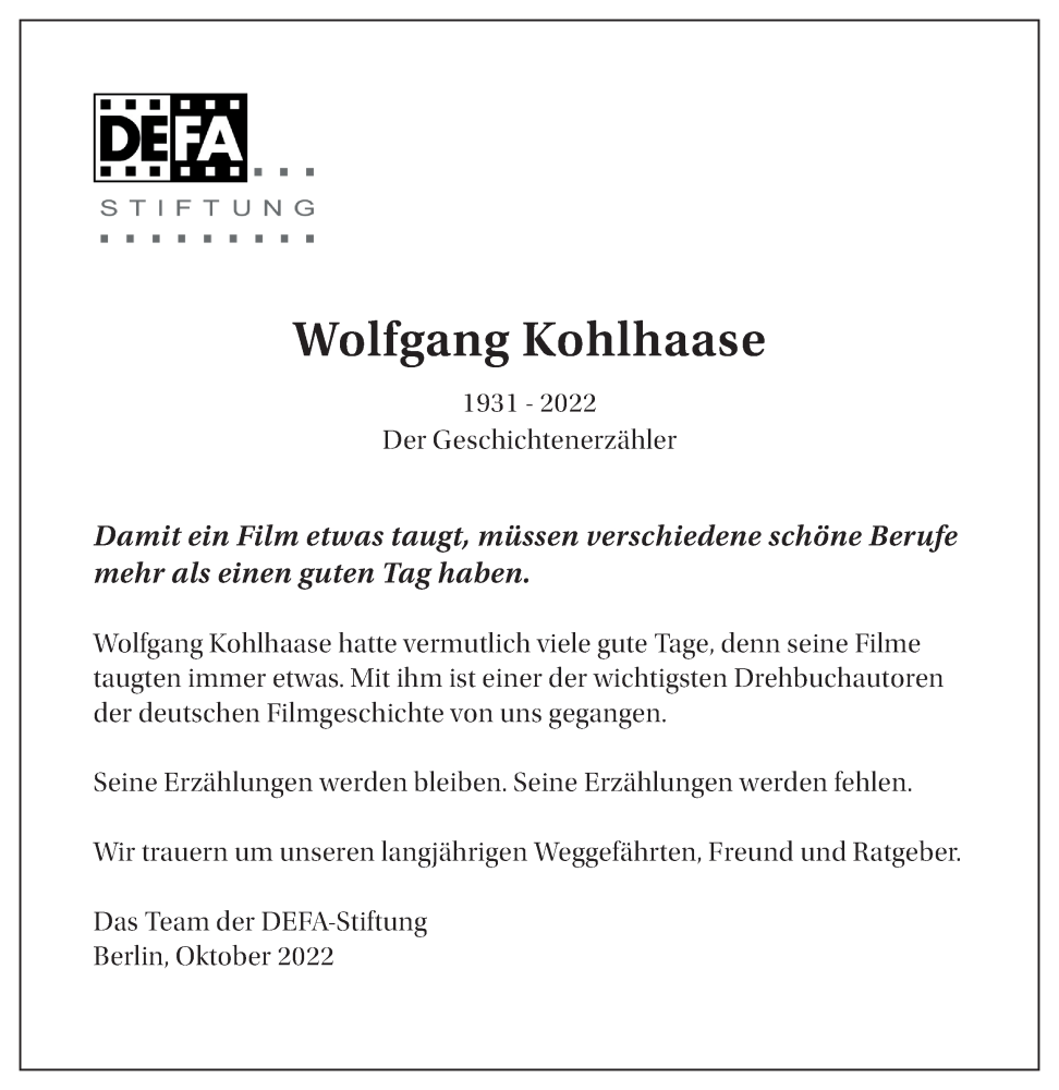  Traueranzeige für Wolfgang Kohlhaase vom 28.10.2022 aus Berliner Zeitung