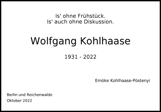 Traueranzeige von Wolfgang Kohlhaase von Berliner Zeitung