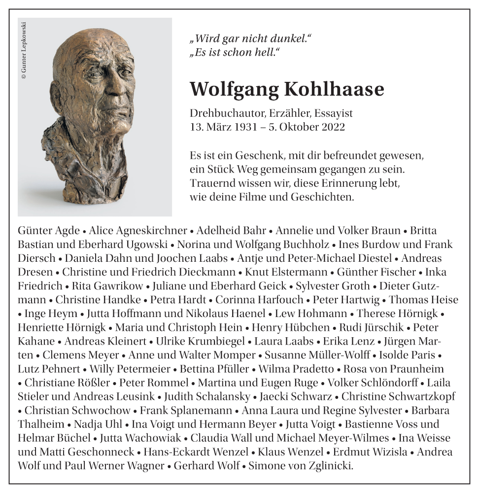  Traueranzeige für Wolfgang Kohlhaase vom 28.10.2022 aus Berliner Zeitung