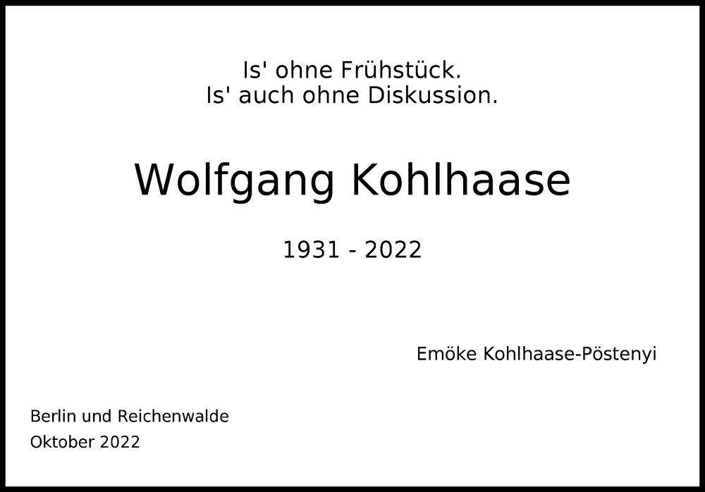  Traueranzeige für Wolfgang Kohlhaase vom 15.10.2022 aus Berliner Zeitung