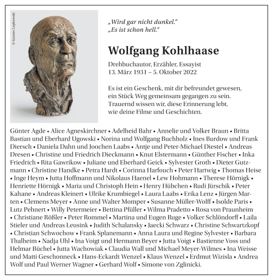 Traueranzeige von Wolfgang Kohlhaase von Berliner Zeitung