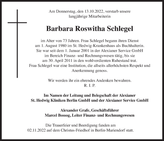 Traueranzeige von Barbara Roswitha Schlegel von Berliner Zeitung