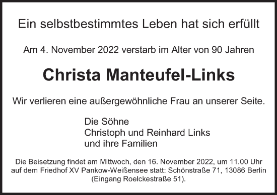 Traueranzeige von Christa Manteufel-Links von Berliner Zeitung