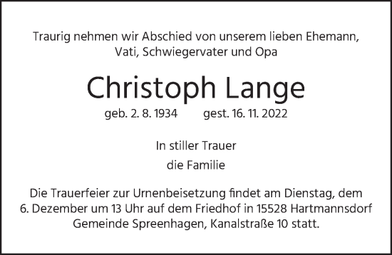 Traueranzeige von Christoph Lange von Berliner Zeitung