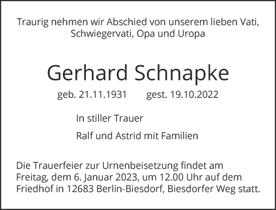 Traueranzeige von Gerhard Schnapke von Berliner Zeitung