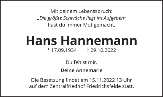 Traueranzeige von Hans Hannemann von Berliner Zeitung