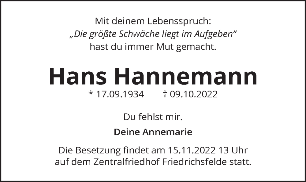  Traueranzeige für Hans Hannemann vom 04.11.2022 aus Berliner Zeitung