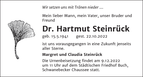 Traueranzeige von Hartmut Steinrück von Berliner Zeitung