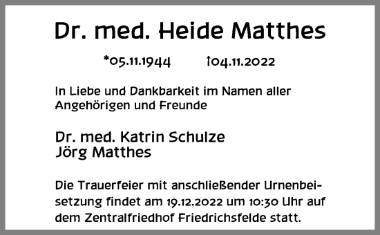 Traueranzeige von Heide Matthes von Berliner Zeitung