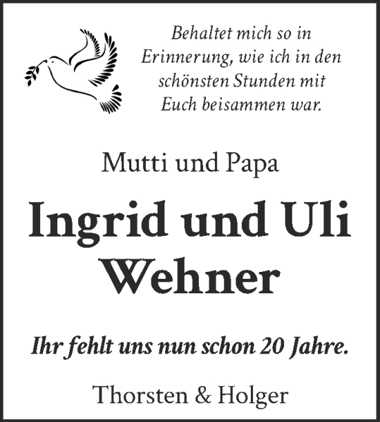 Traueranzeige von Ingrid und Uli Wehner von Berliner Zeitung