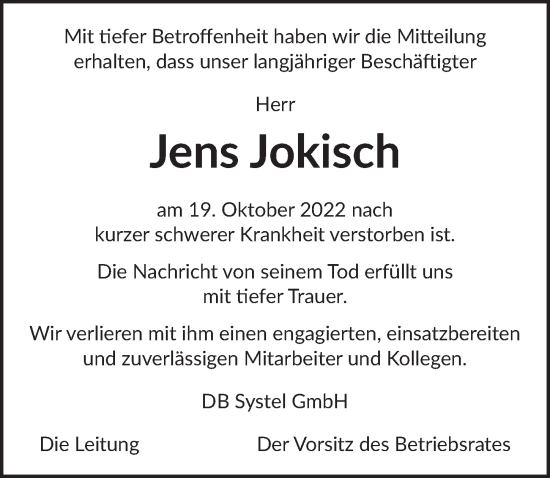 Traueranzeige von Jens Jokisch von Berliner Zeitung