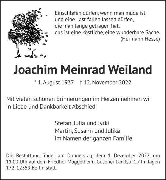 Traueranzeige von Joachim Meinrad Weiland von blz-trauer