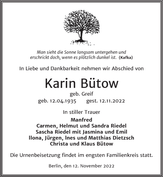 Traueranzeige von Karin Bütow von blz-trauer