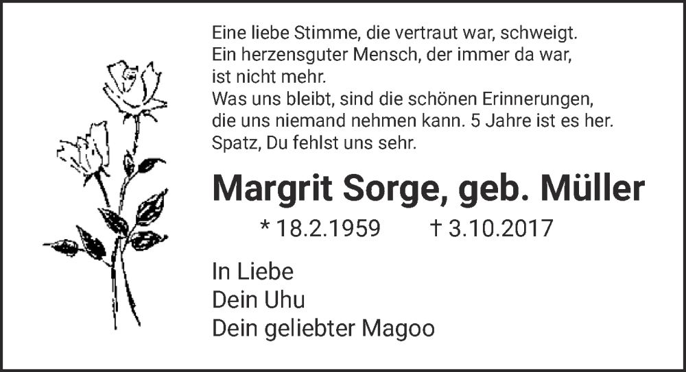  Traueranzeige für Margrit Sorge vom 05.11.2022 aus Berliner Zeitung