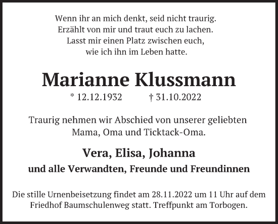 Traueranzeige von Marianne Klussmann von Berliner Zeitung