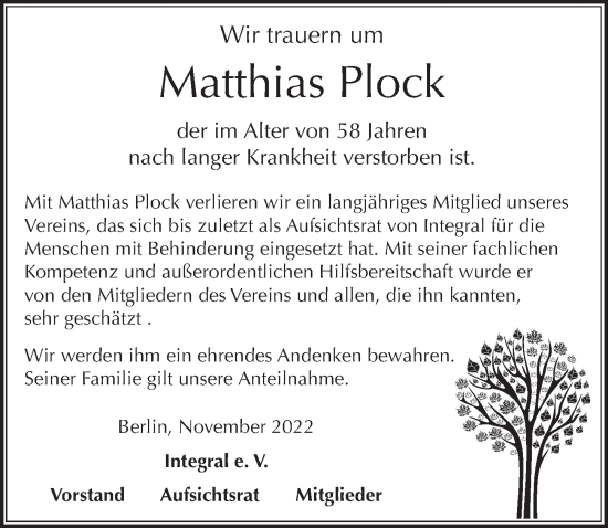 Traueranzeige von Matthias Plock von Berliner Zeitung