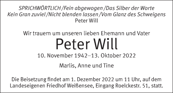 Traueranzeige von Peter Will von Berliner Zeitung