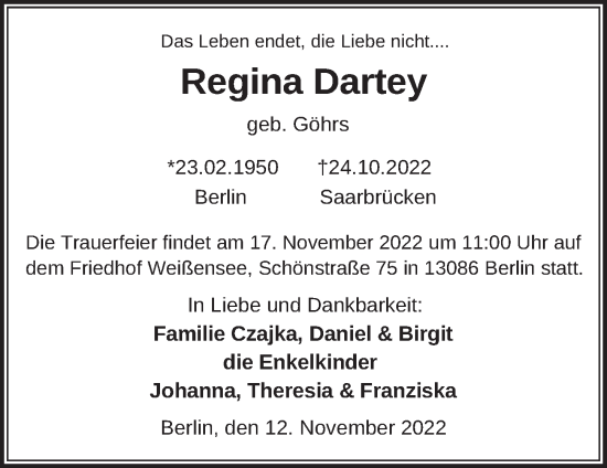 Traueranzeige von Regina Dartey von Berliner Zeitung